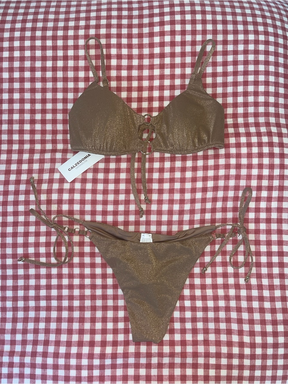 Calzedonia Golden Gleam Soft Brown Shimmer Tie-Side String Bikini Set